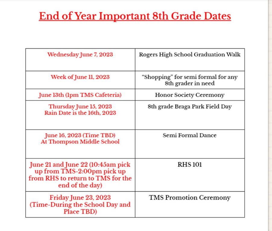 List of events for 8th graders